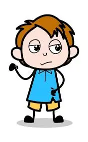 Cartoon boy with attitude expression, wearing blue shirt and shorts. Image depicting word attitude