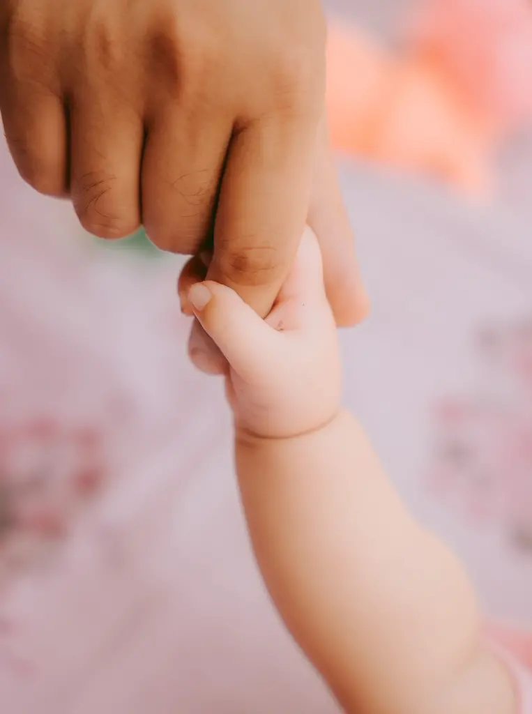 Baby gently holding adult's finger, showing tenderness. Image depicting gentle.