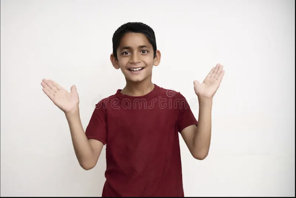 Illustration of word 'happy' for kids. A young boy with a big smile and raised hands, conveying happiness and joy.