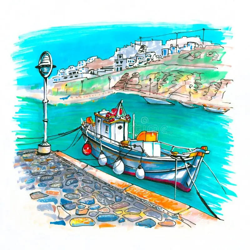 Colorful boat docked in a scenic harbour illustration. Image depicting word harbour