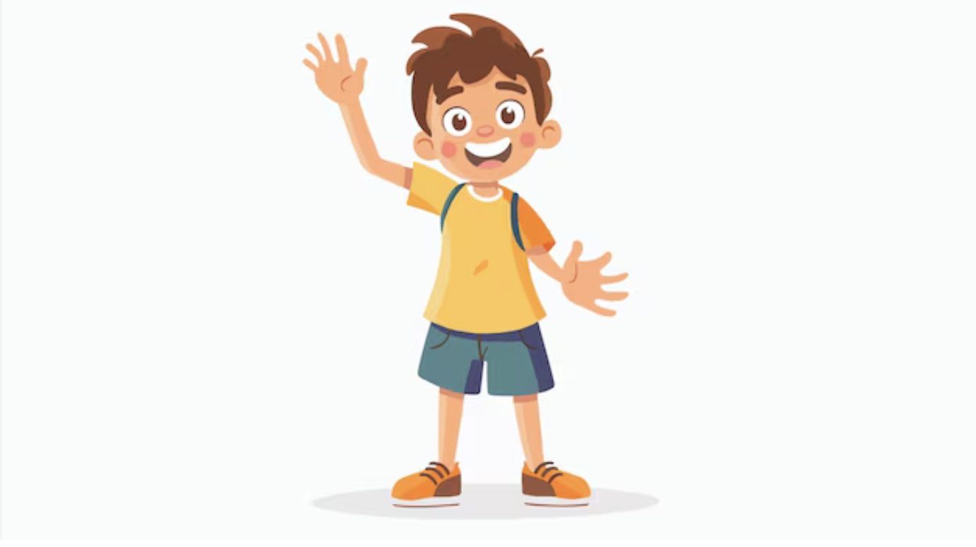Illustration of word Hello for kids. A cheerful cartoon boy waving hello with a big smile and outstretched arms.