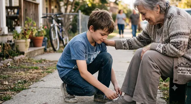 Boy humbly ties elderly woman's shoelaces on sidewalk. Image depicting word humble.