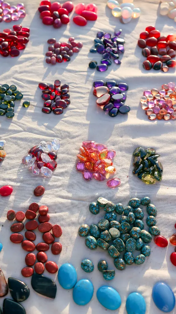 Colorful jewels displayed on a white cloth. Image depicting jewel.