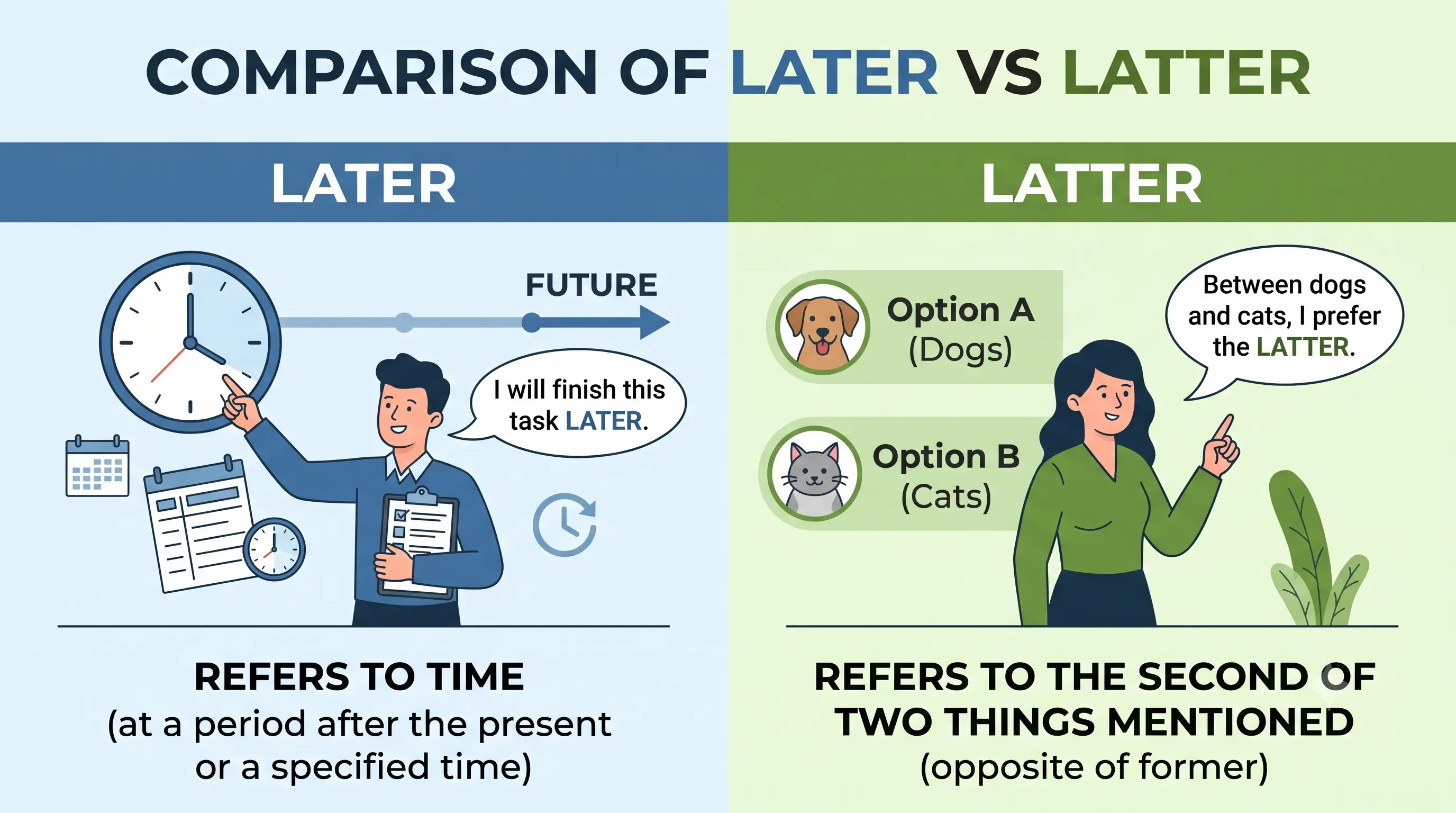 Illustration explaining the word 'latter' with examples. Image depicting word latter