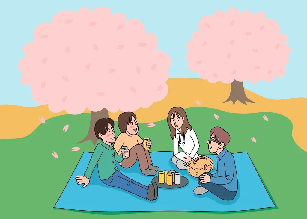 Children having a picnic under cherry blossom trees. Image depicting picnic.