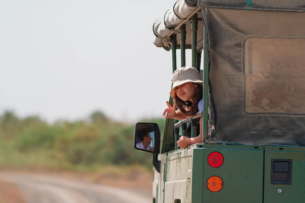 Child on safari jeep waving in the wilderness. Image depicting safari.