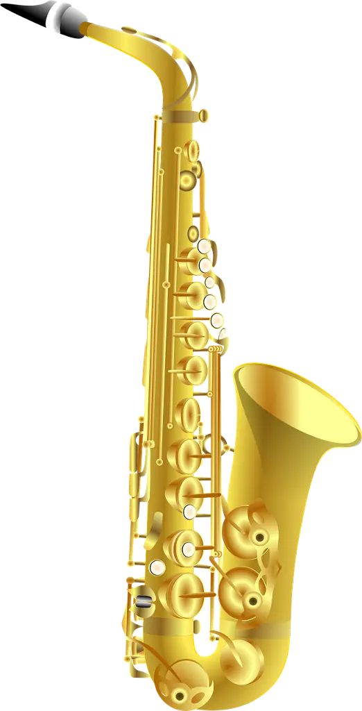 Golden saxophone with shiny keys and curved neck. Image depicting sax.