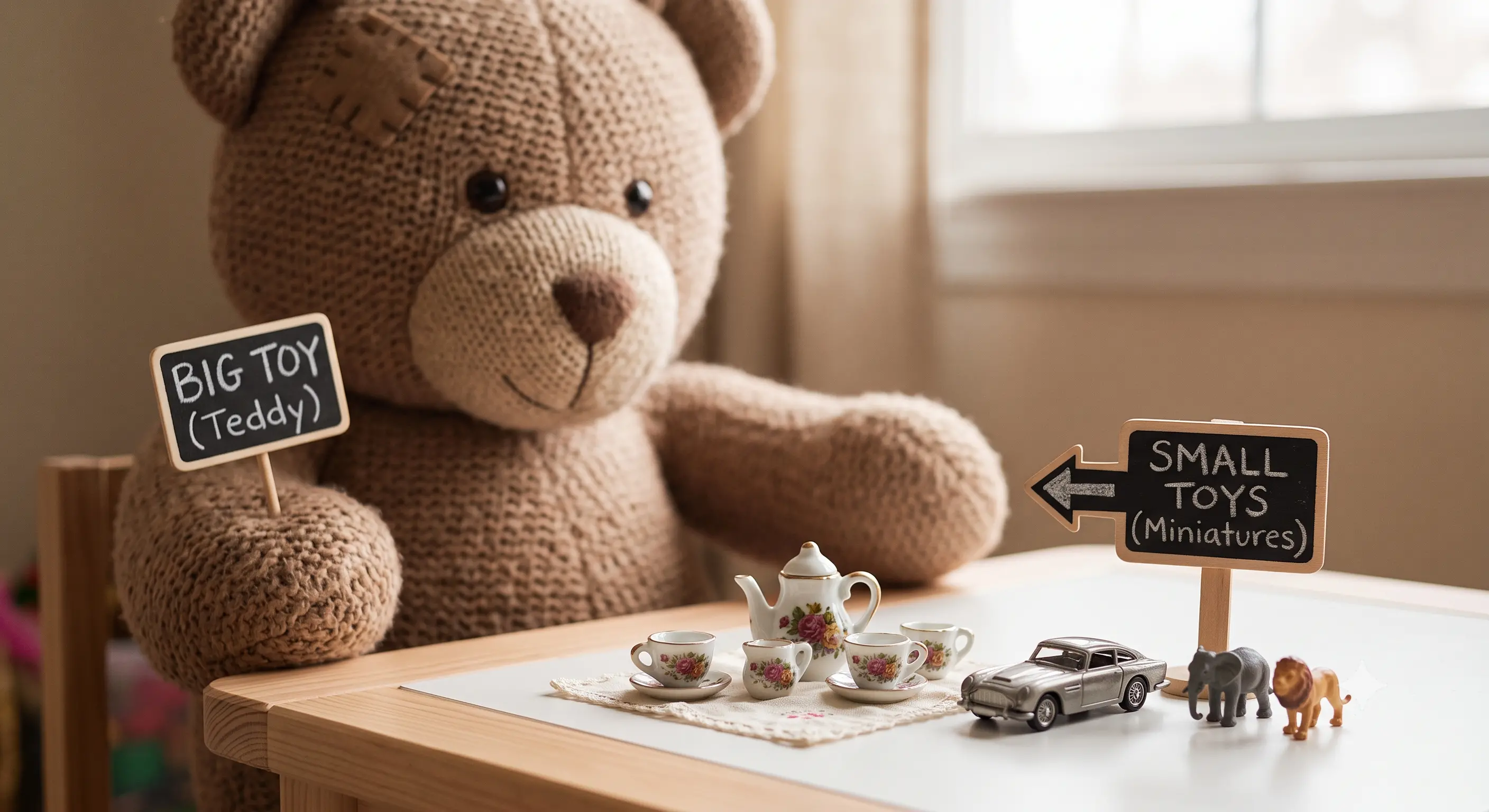 Teddy bear with small toy tea set and miniatures. Image depicting word small and shows comparison with Big toy.