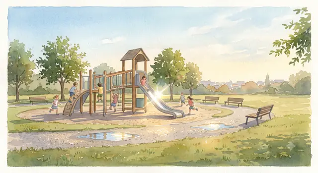 Children playing on playground under a sunny sky with green trees and benches nearby Image depicting word sunny