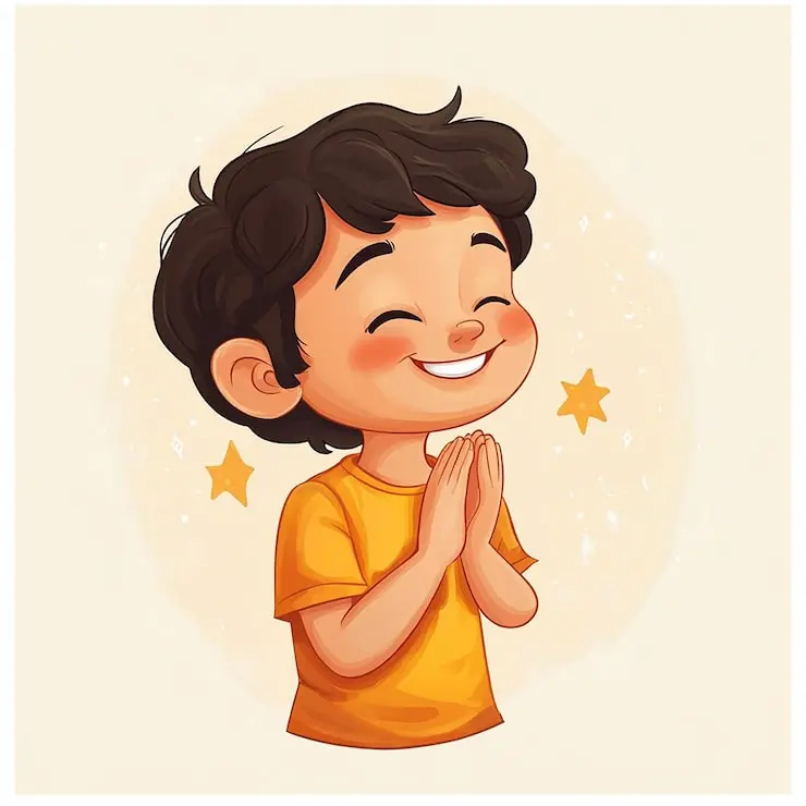 Smiling child with hands together, feeling thankful. Image depicting word thankful