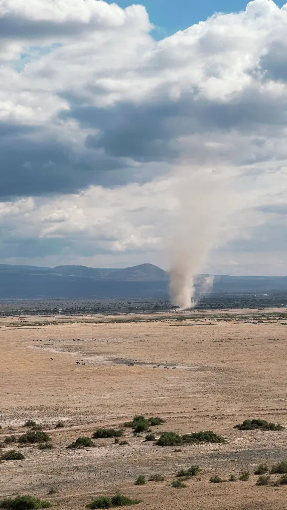 Dusty whirlwind spinning in a dry, open landscape under cloudy sky. Image depicting whirlwind.